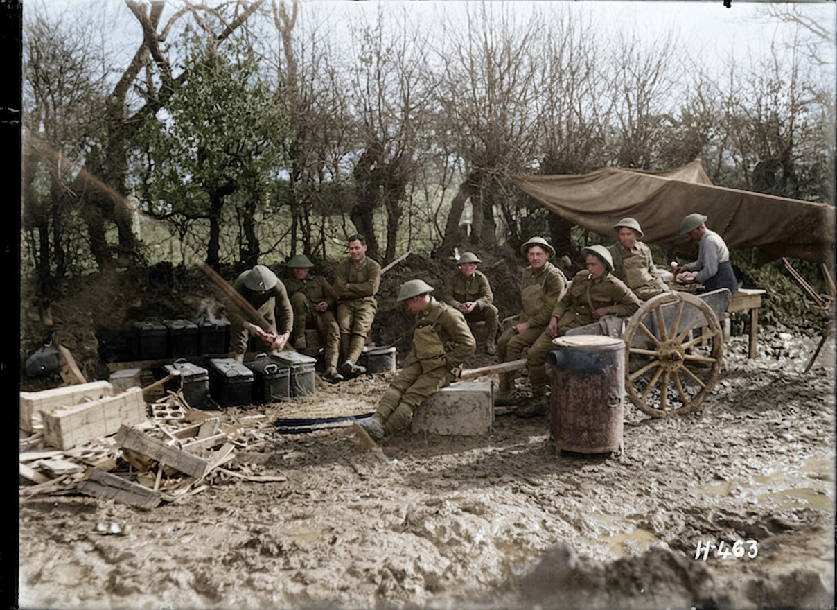 AI colourised photograph: Maori Pioneers await their evening meal on the Somme