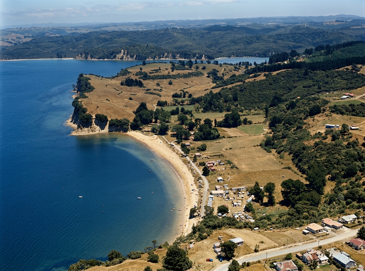 AI colourised photograph: Arkles Bay, Whangaparoa Pennisula, Auckland