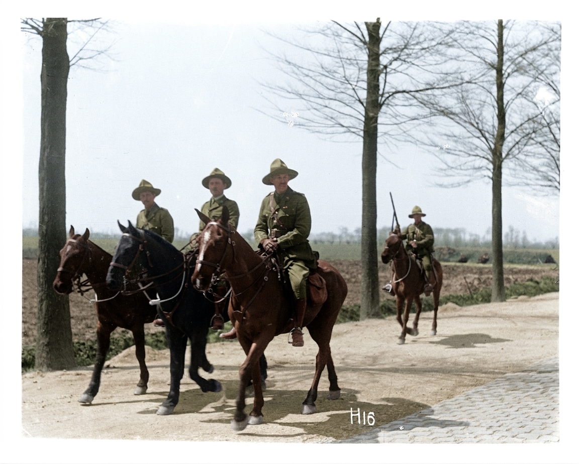 AI colourised photograph: Some New Zealand officers on horseback