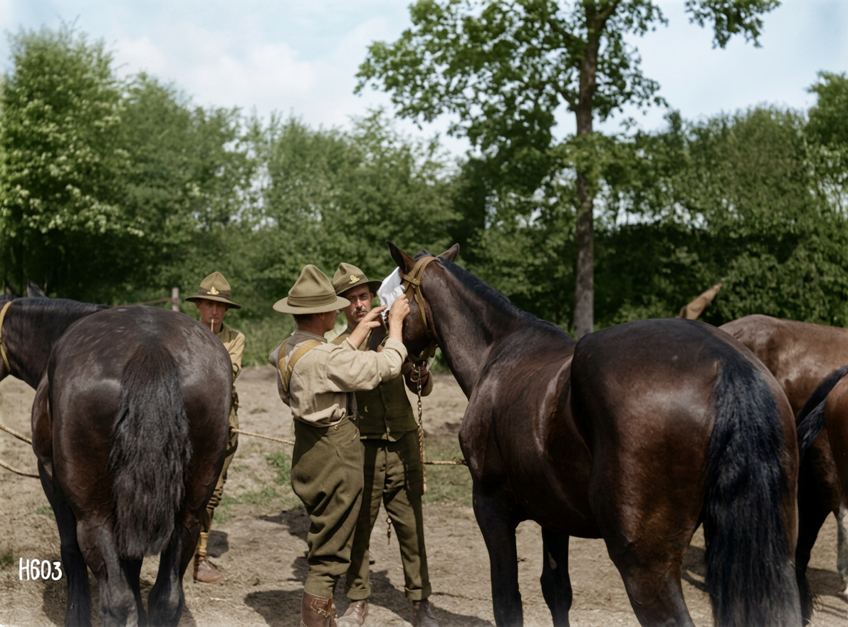 AI colourised photograph: World War I veterinarians bandaging a horse's eye, Louvencourt, France