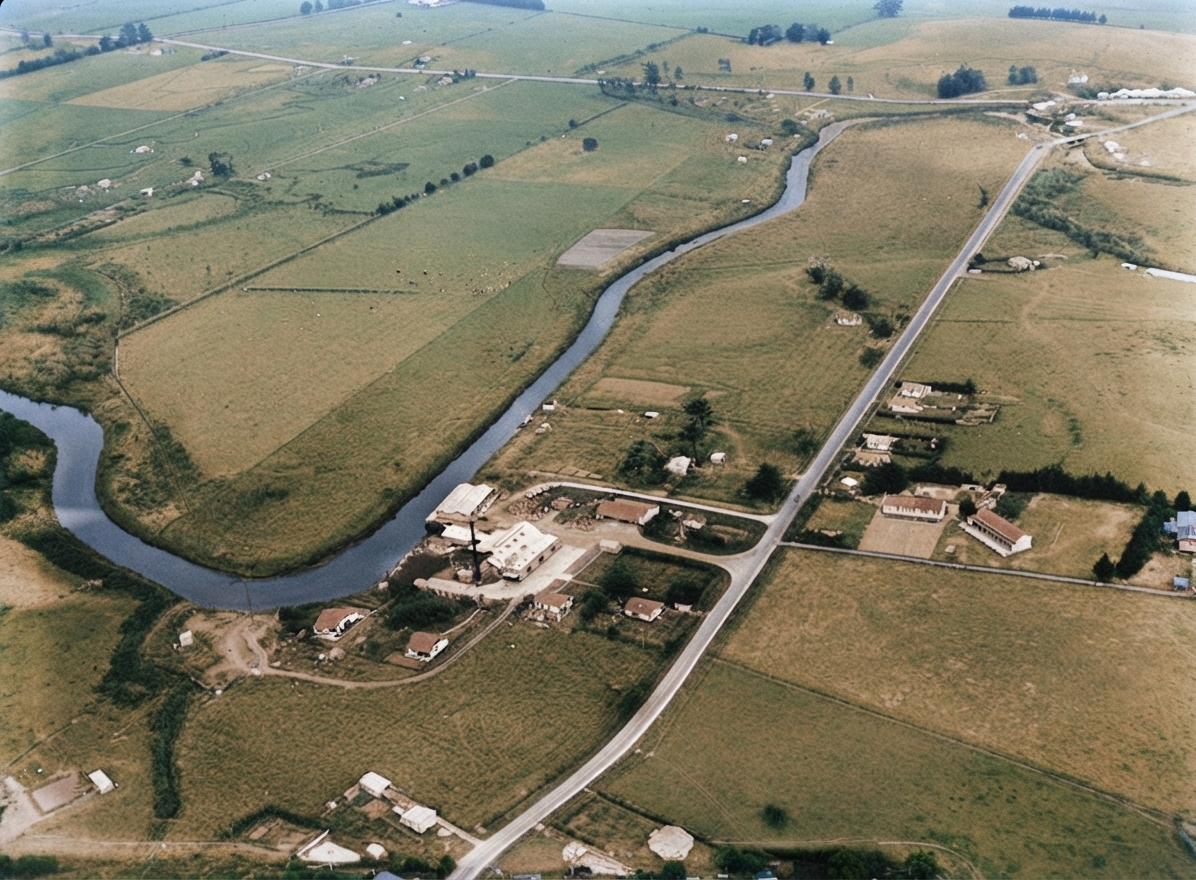 AI colourised photograph: View of the Awanui River, Dairy Factory, Primary School and the Far North Road (State Highway 1F) surrounded by farmland, Northland Region