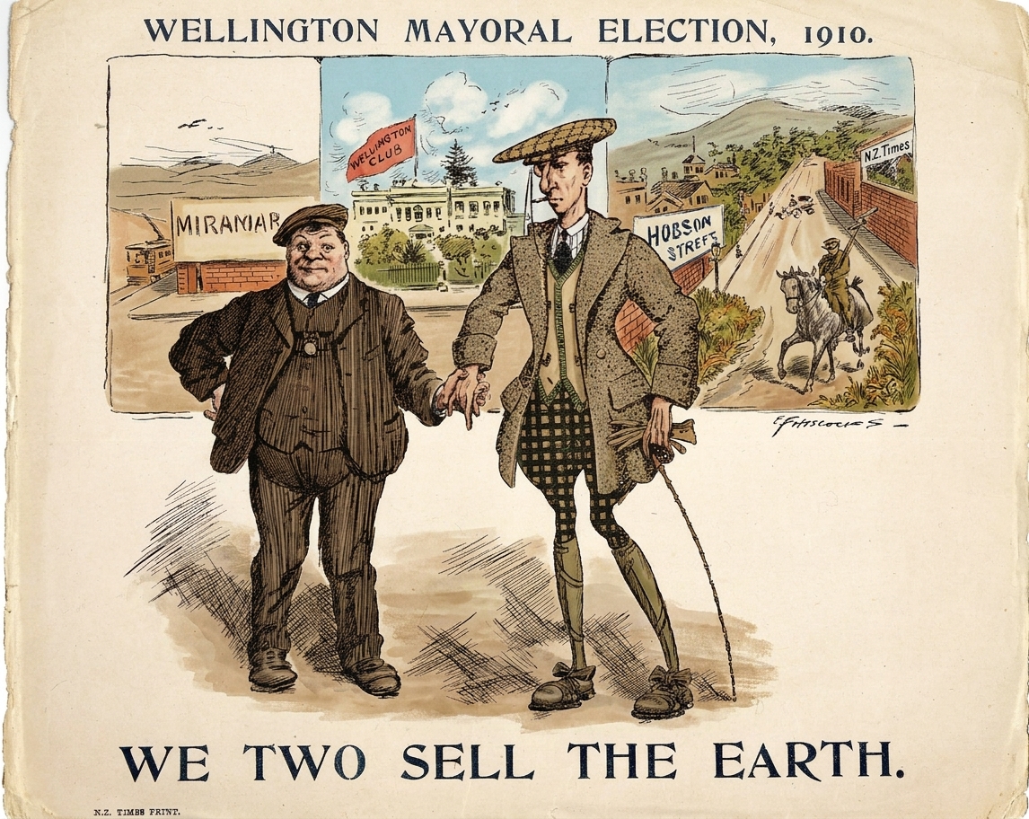 AI colourised photograph: Hiscocks, Ercildoune Frederick fl 1910 :Wellington Mayoral election, 1910. We two sell the earth. 1910.