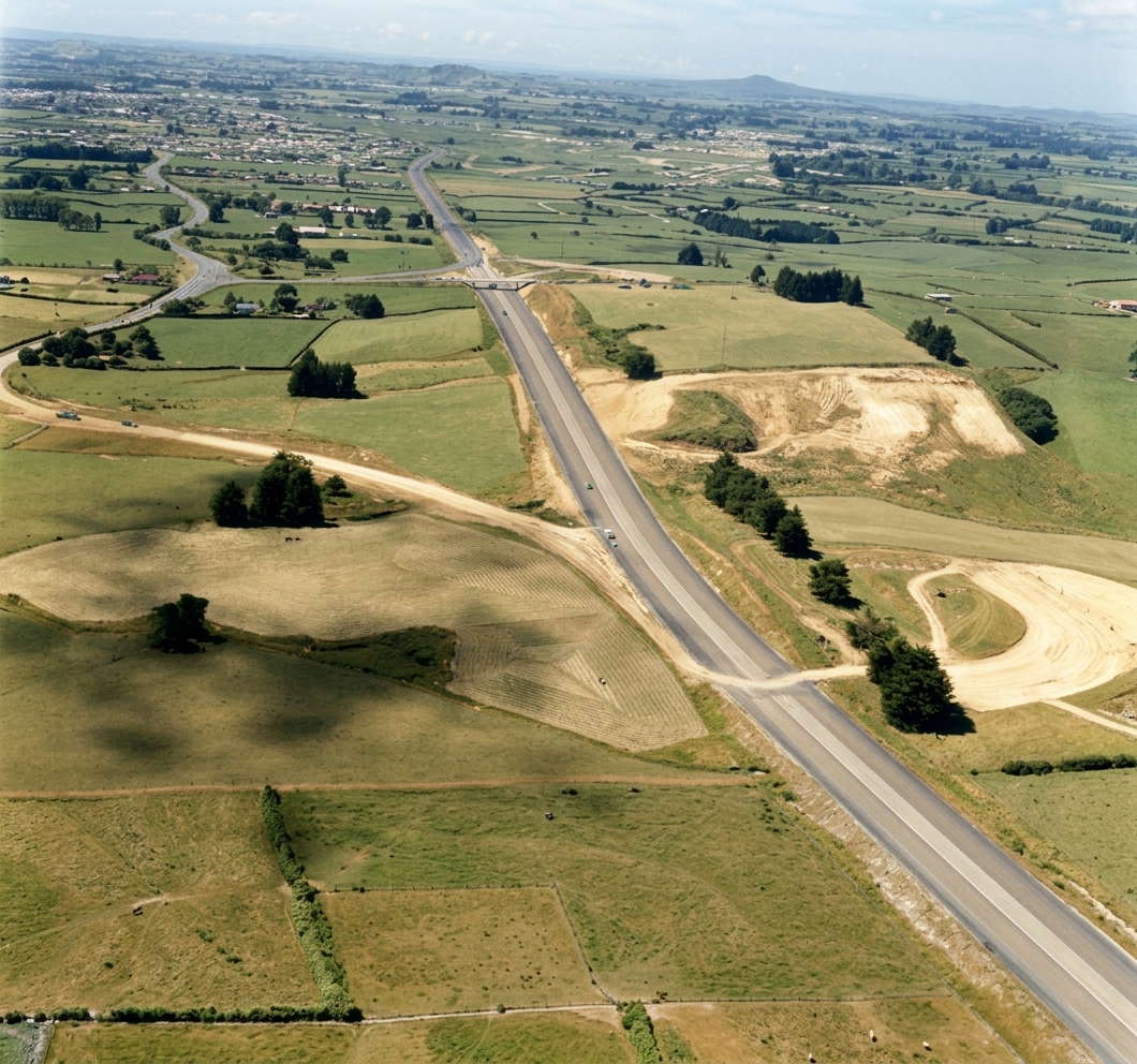 AI colourised photograph: Southern Motorway, Auckland with Rangitoto on horizon