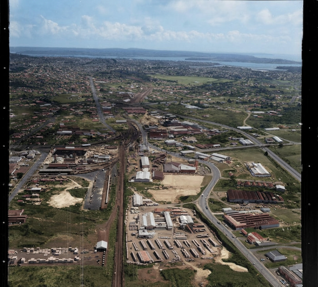 AI colourised photograph: Penrose industrial area, Penrose Railway Station, Great South Road, Penrose Road bridge, Southern Motorway, Auckland