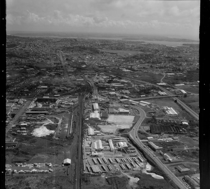 Original photograph: Penrose industrial area, Penrose Railway Station, Great South Road, Penrose Road bridge, Southern Motorway, Auckland